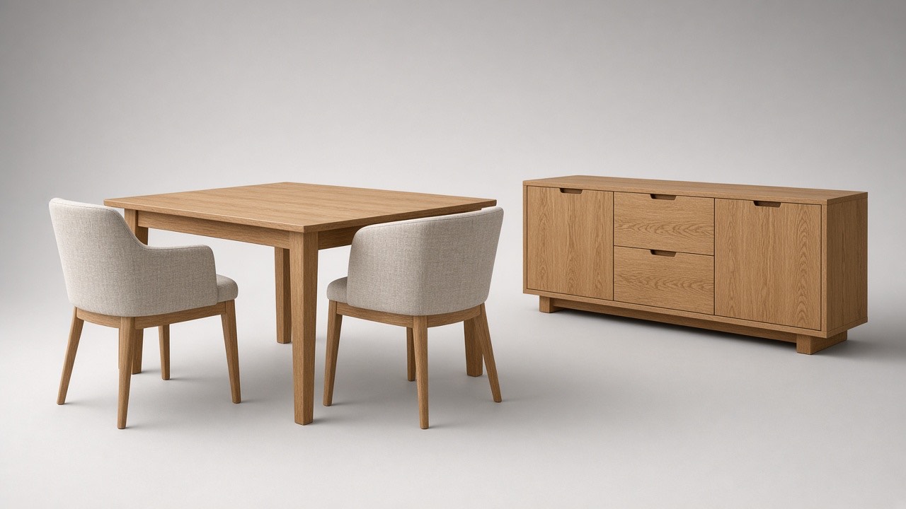 Studio photograph of a dining table, chairs, and sideboard