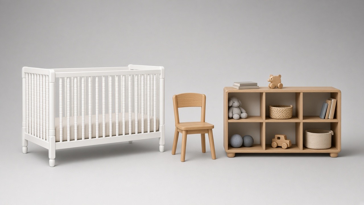 Studio photograph of a crib, study chair, and toy shelf