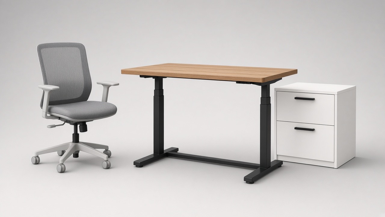 Studio photograph of a standing desk, task chair, and file cabinet